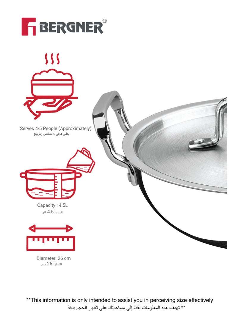 Bergner Argent 26cm (4.5L) Tri-Ply Stainless Steel Deep Stir-Fry Pan, Multipurpose Curry Pan with Lid, Less Oil Use Healthy Cooking, Food Safe, Stay-Cool Handles, Induction & Gas Stove Compatible - Image 2